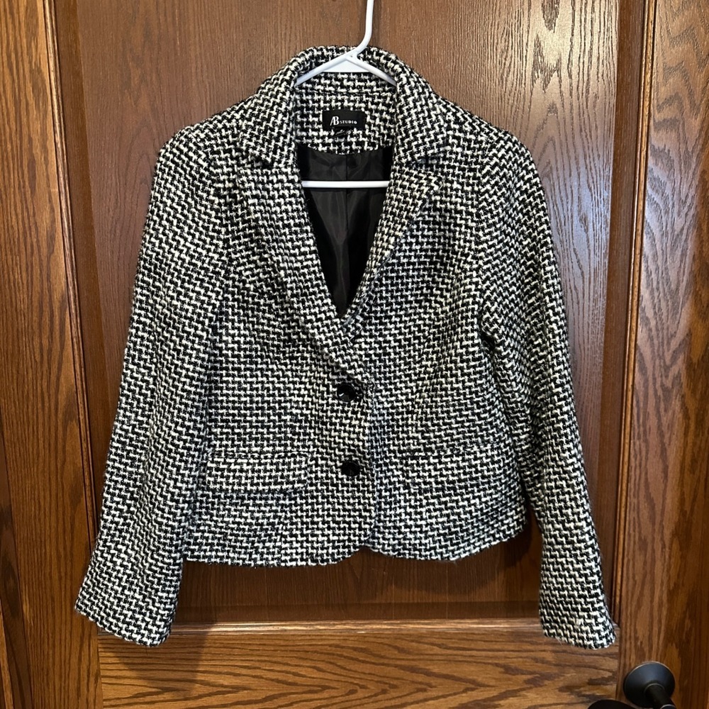 AB Studio Women's Black White Tweed‎ Blazer Jacket Size 8 Single Button